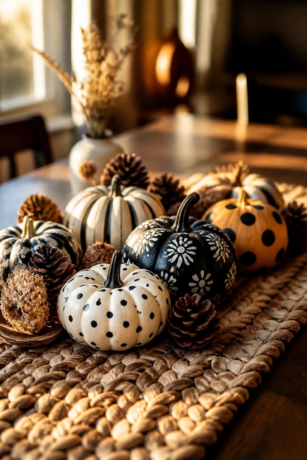Assorted painted pumpkins with pinecones on a woven table runner in warm light.