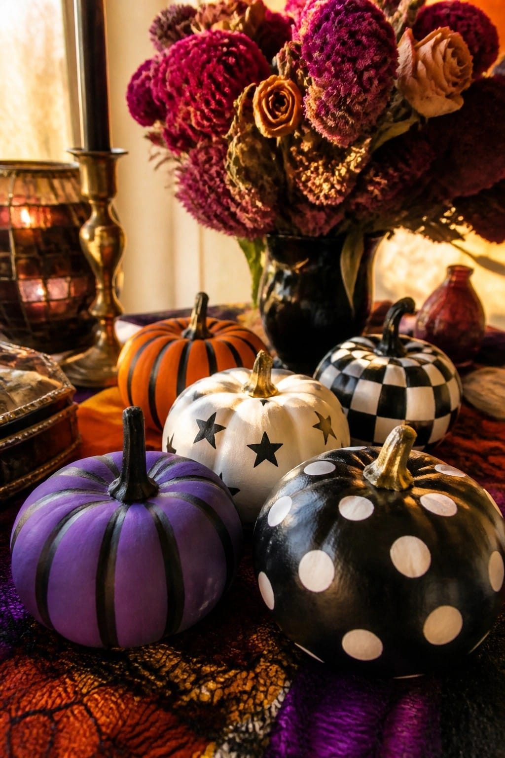 Mini pumpkins painted with black stars, white polka dots, stripes, and a checkered pattern grouped on a tabletop with dried flowers in the background.