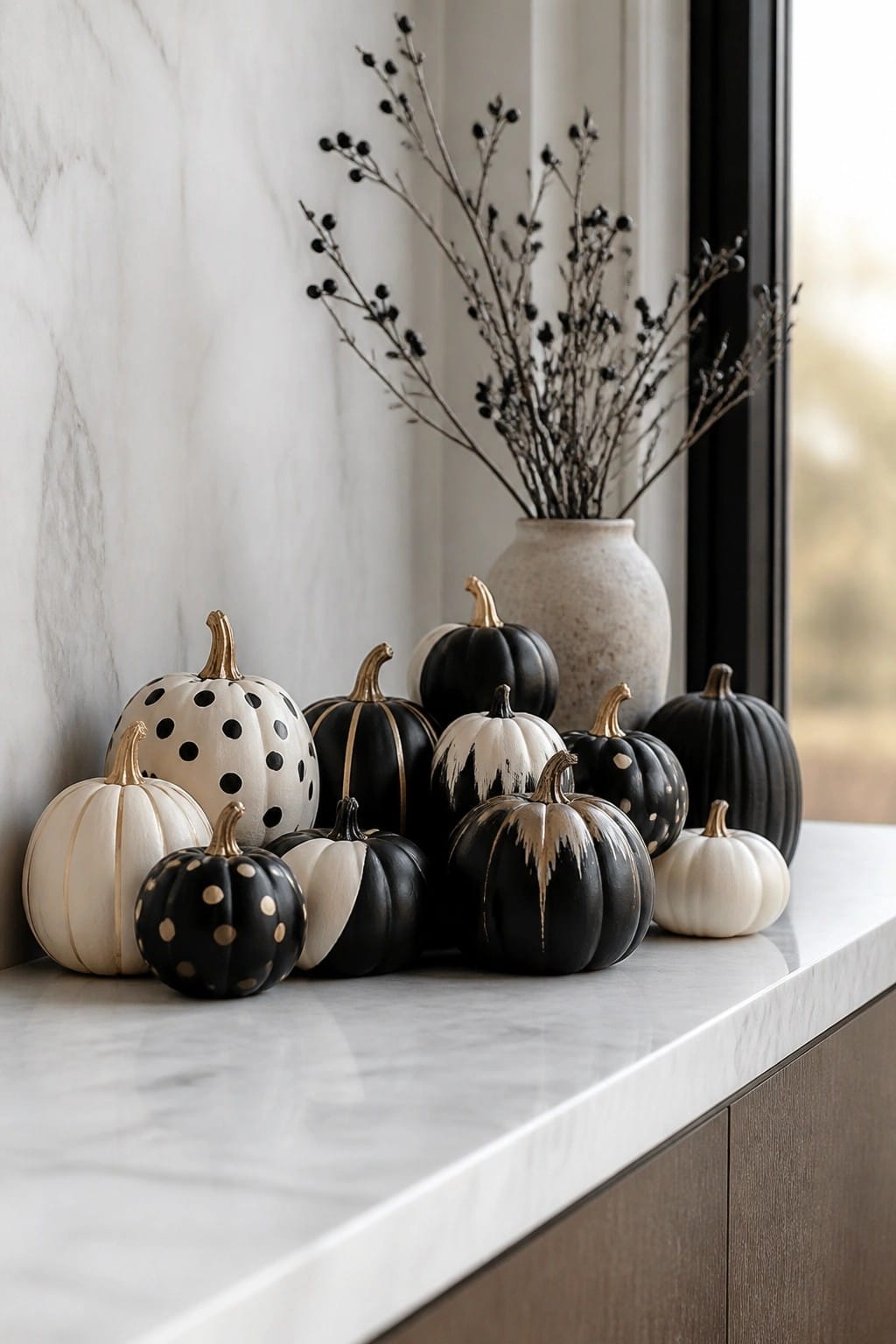 Marble countertop display of mini pumpkins painted in black and white with polka dots, stripes, and gold accents, plus a vase of dark branches.