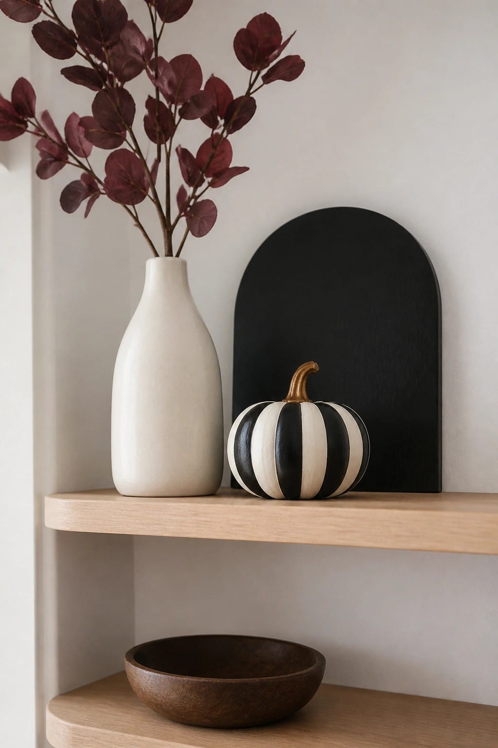 A light wood shelf holding a white vase with dark foliage, a black and white striped mini pumpkin, and a dark arched board in the background with a wooden bowl on the lower shelf.