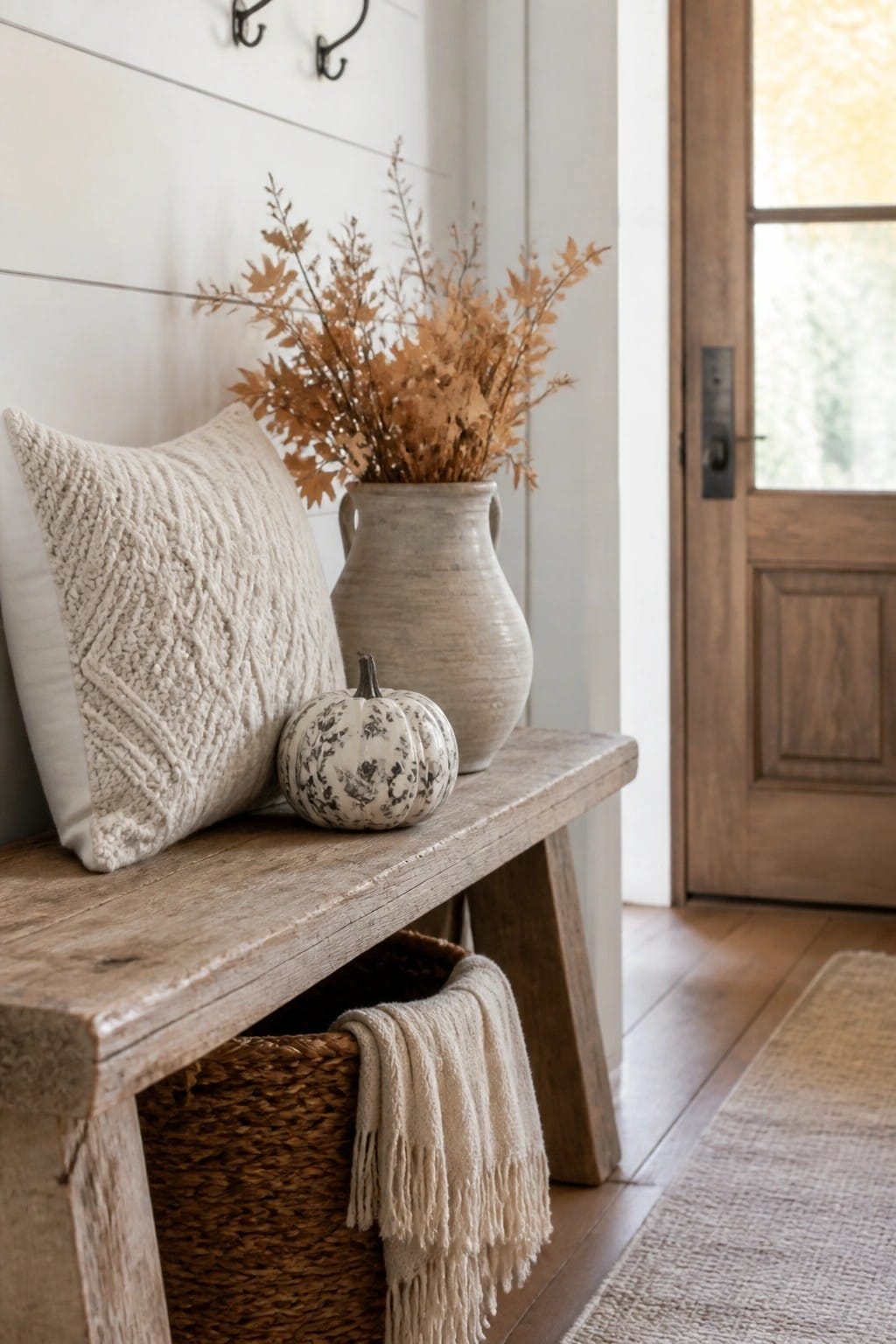 Wooden entry bench with a painted mini pumpkin featuring a black floral design, next to a knit pillow and a vase of dried leaves.