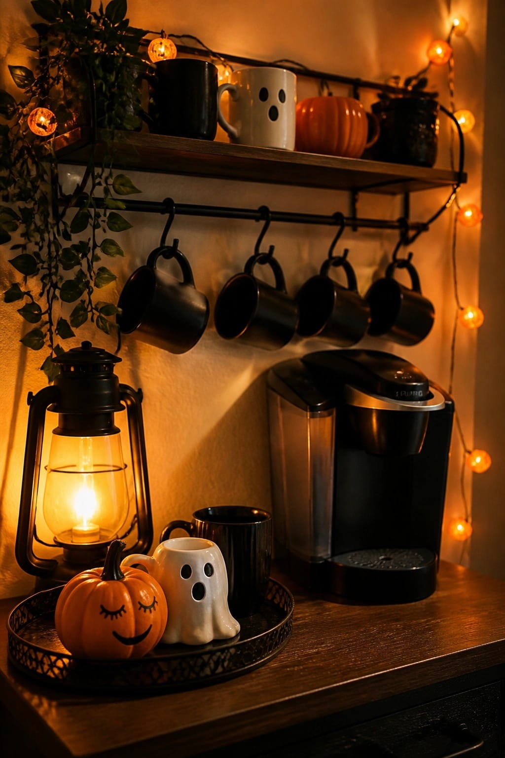 Kitchen counter with a tray holding a painted mini pumpkin with a smiling face and a white ghost mug next to a coffee maker.