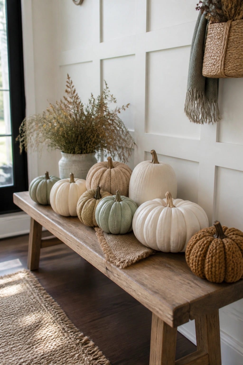 Neutral pumpkins in white, sage green, and textured beige arranged on a wooden entry bench with dried foliage in a vase.