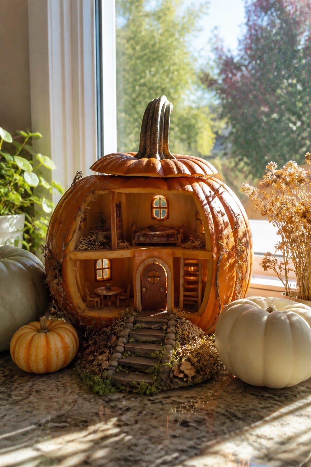 Large carved pumpkin displayed as a two-story miniature house with interior rooms, a front door, and steps on a kitchen countertop.