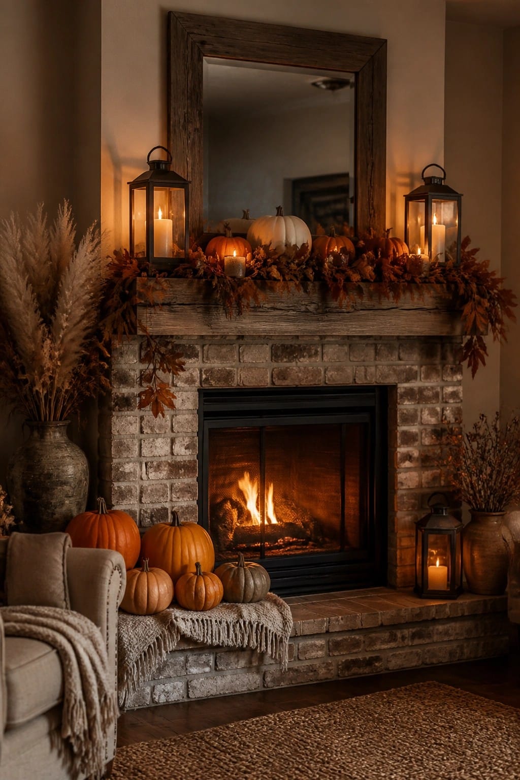 Brick fireplace mantel styled with orange and white pumpkins, lit lanterns, and a leaf garland above a lit fire.