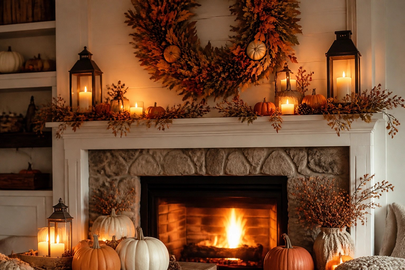 Brick fireplace mantel styled with orange and white pumpkins, lit lanterns, and a leaf garland above a lit fire.