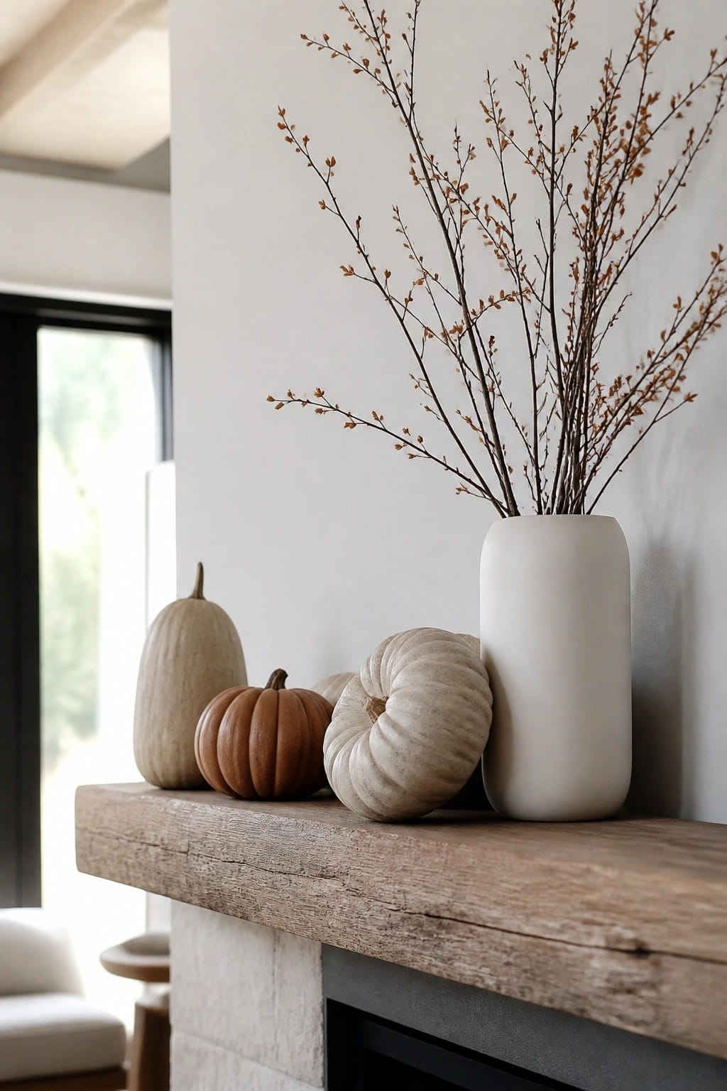 A wooden fireplace mantel holds several neutral toned pumpkins of different shapes next to a white vase filled with bare branches.