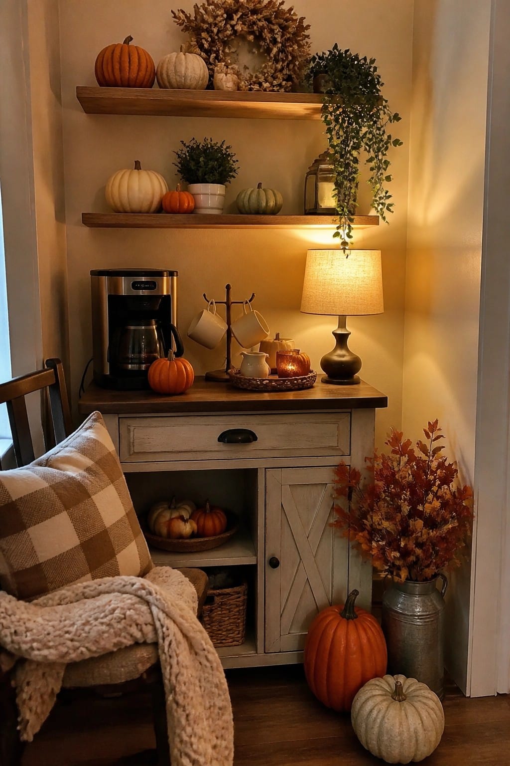 Corner with wooden shelves and console table holding a coffee maker, surrounded by orange, white, and green pumpkins plus a lit lamp and autumn foliage.