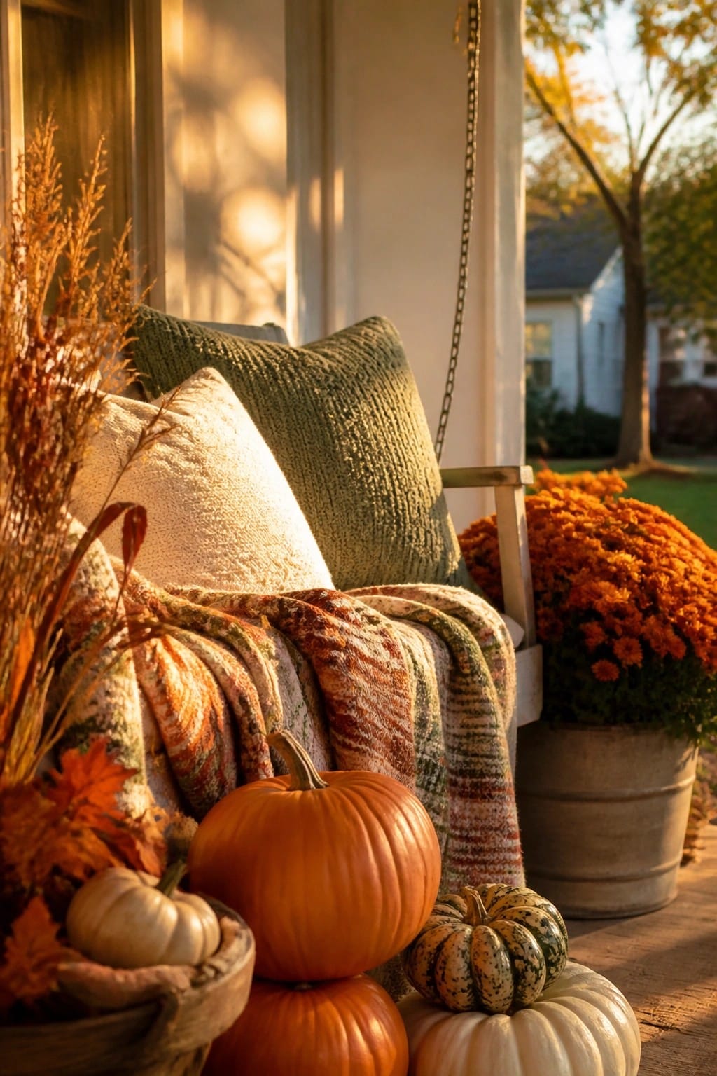 Front porch swing styled with green and cream pillows, a plaid blanket, and a cluster of orange, white, and speckled pumpkins at the base.