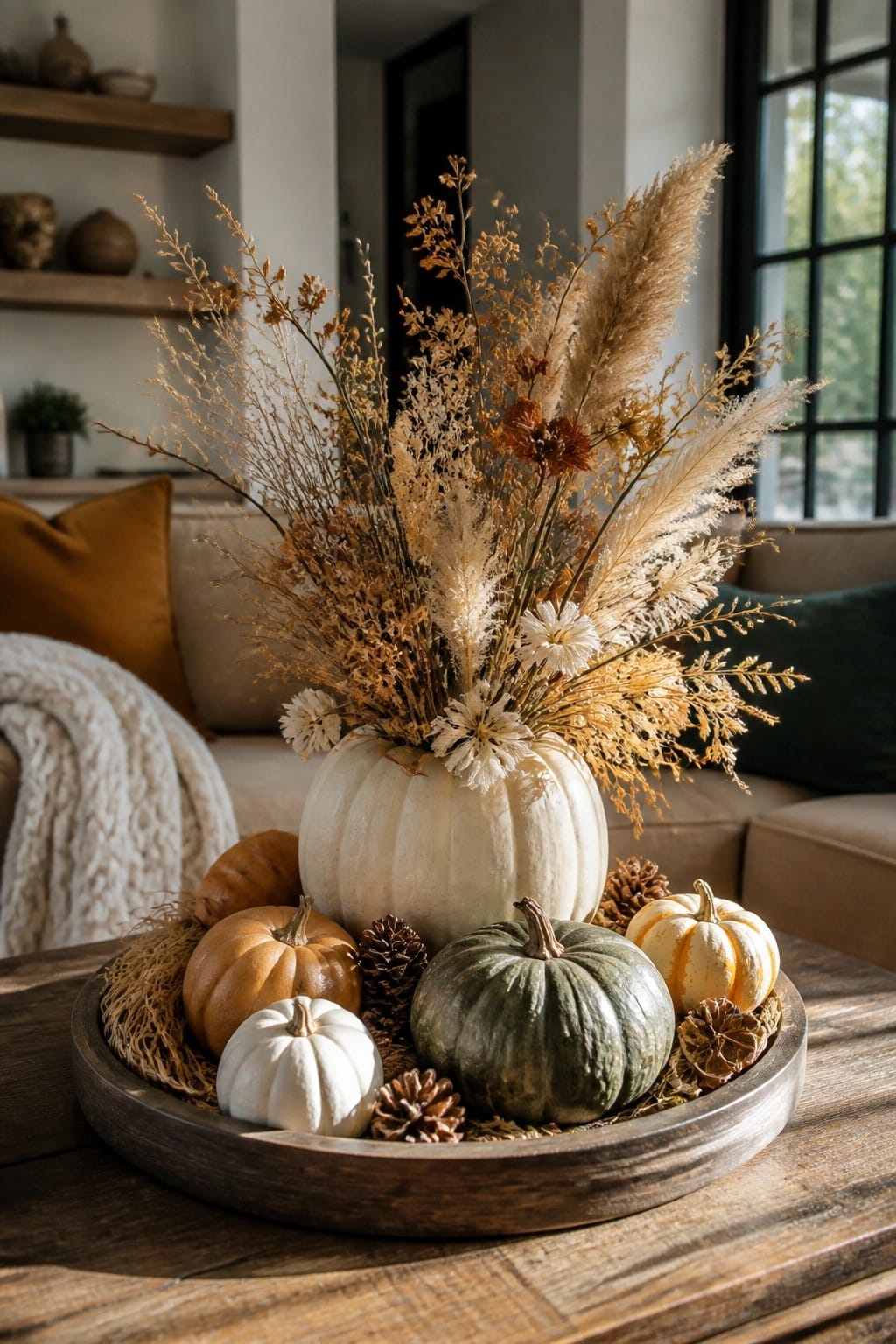 A wooden tray on a coffee table holds assorted pumpkins in white, orange, and green along with dried grasses and pinecones.