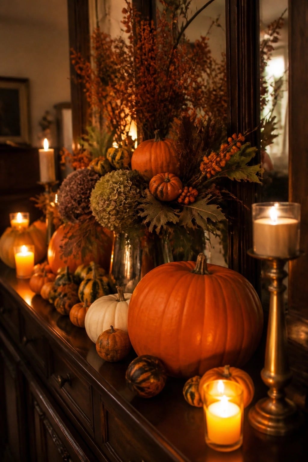 Dark wooden console table with assorted orange, white, and striped pumpkins, lit candles in glass and metal holders, and dried orange foliage arranged in front of a large mirror.