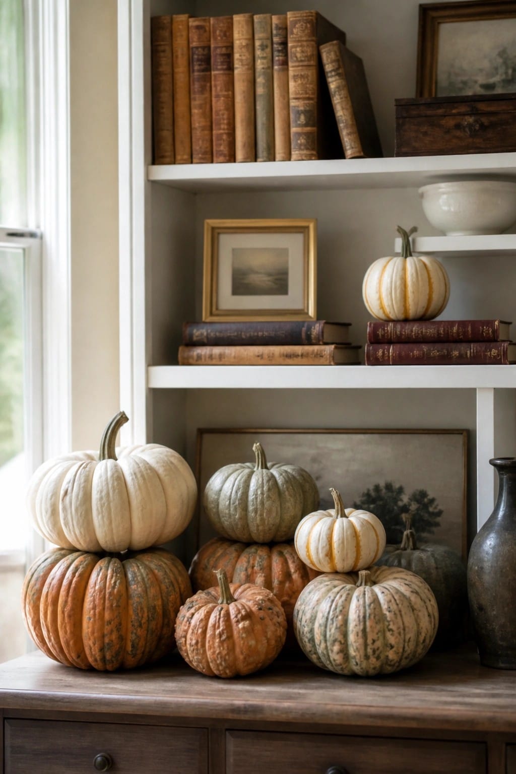 Assorted white, orange, and green pumpkins arranged in a cluster on a wooden console in front of white built-in shelves holding books and small frames.