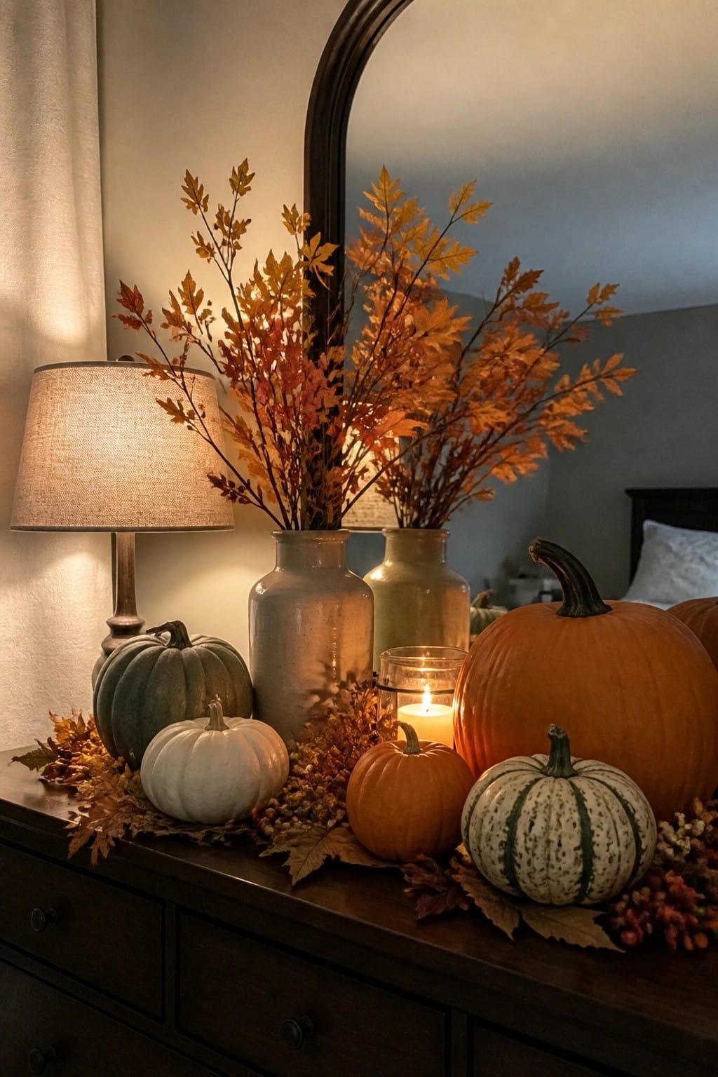 A dark wood dresser topped with orange, white, green, and striped pumpkins arranged with autumn leaves, berries, two vases of orange foliage, a lit candle, and a lamp in front of an arched mirror.