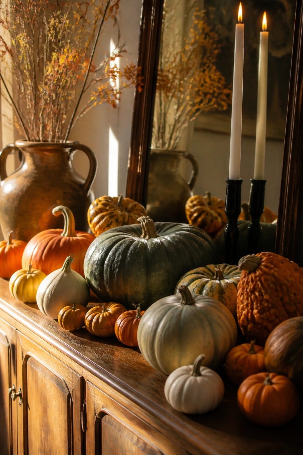 Wooden console table topped with a large assortment of pumpkins in orange, white, green, and yellow tones along with two lit white candles in black holders.