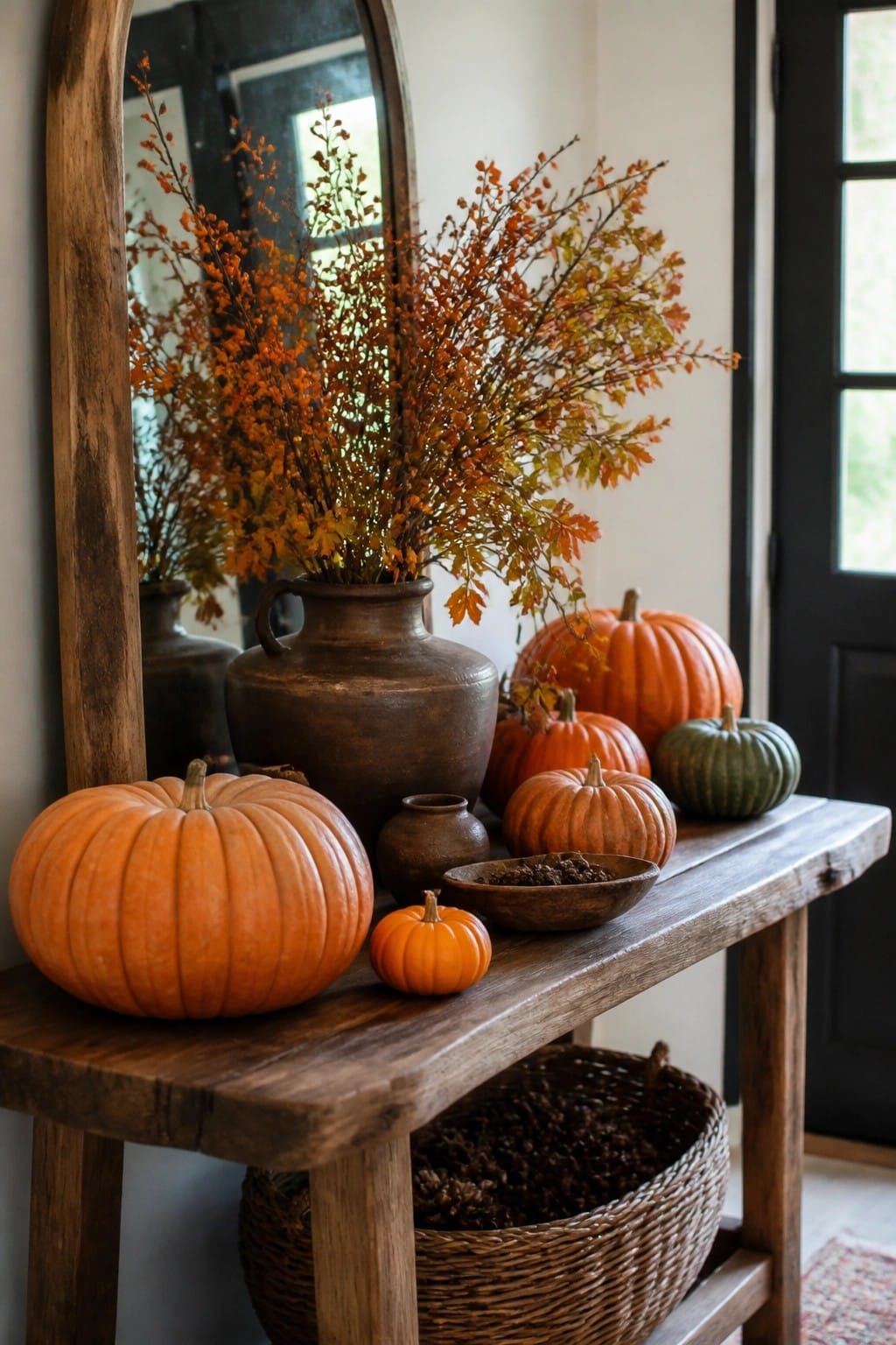 Wooden console table in an entryway holding several orange pumpkins, one small green pumpkin, a large vase of orange autumn branches, and a small wooden bowl.