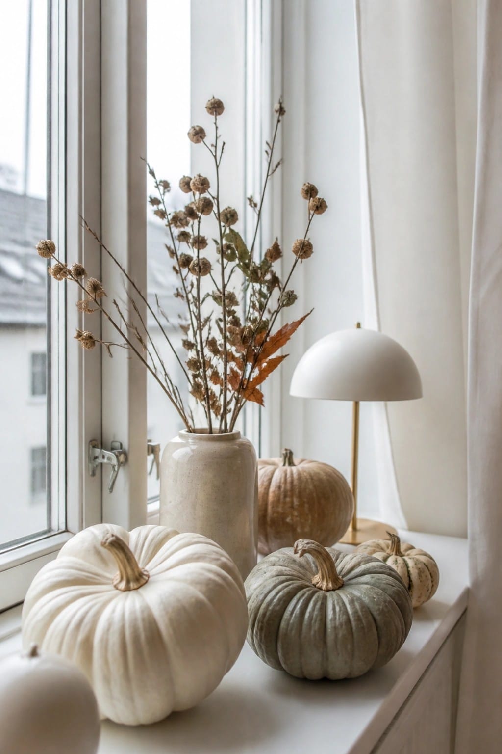 White and muted pumpkins arranged on a windowsill with a ceramic vase of dried stems and a small lamp.