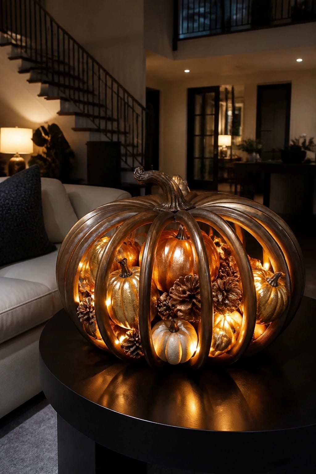 Large metallic pumpkin lantern filled with glowing smaller pumpkins and pinecones sitting on a black table in a living room.