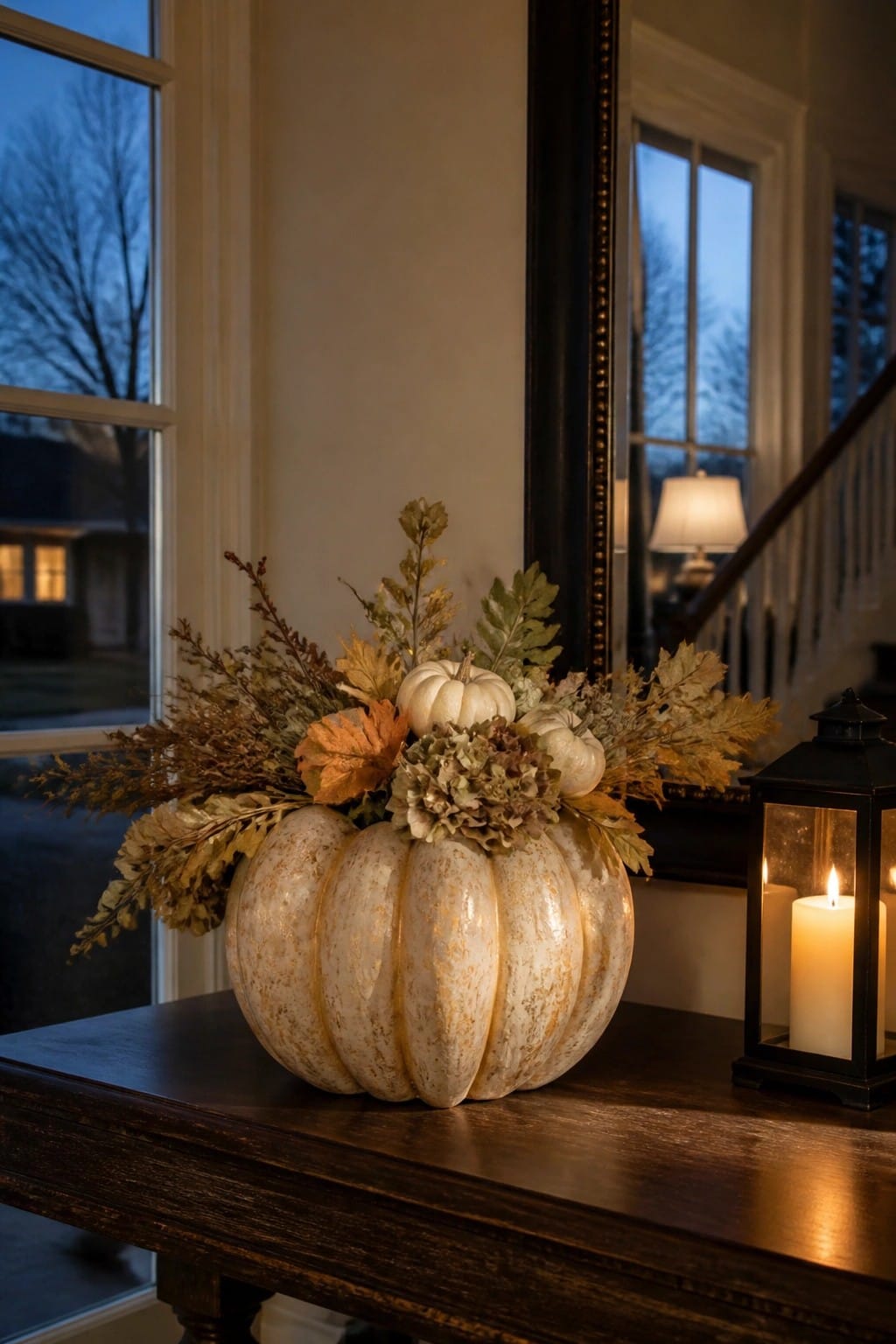 A large white distressed pumpkin filled with autumn foliage and smaller white pumpkins sits on a dark wooden table beside a black lantern with lit candles.