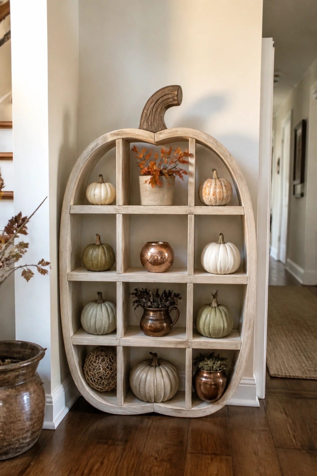 Pumpkin-shaped wooden bookshelf filled with neutral pumpkins and copper vases in a home entryway.