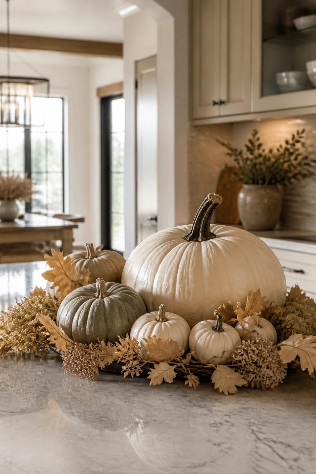 White and green pumpkins with dried leaves on marble kitchen counter