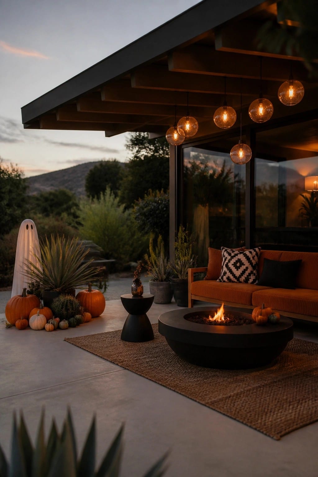 Outdoor patio at dusk with a white sheet ghost standing among pumpkins and potted plants near a round fire pit and orange sofa.