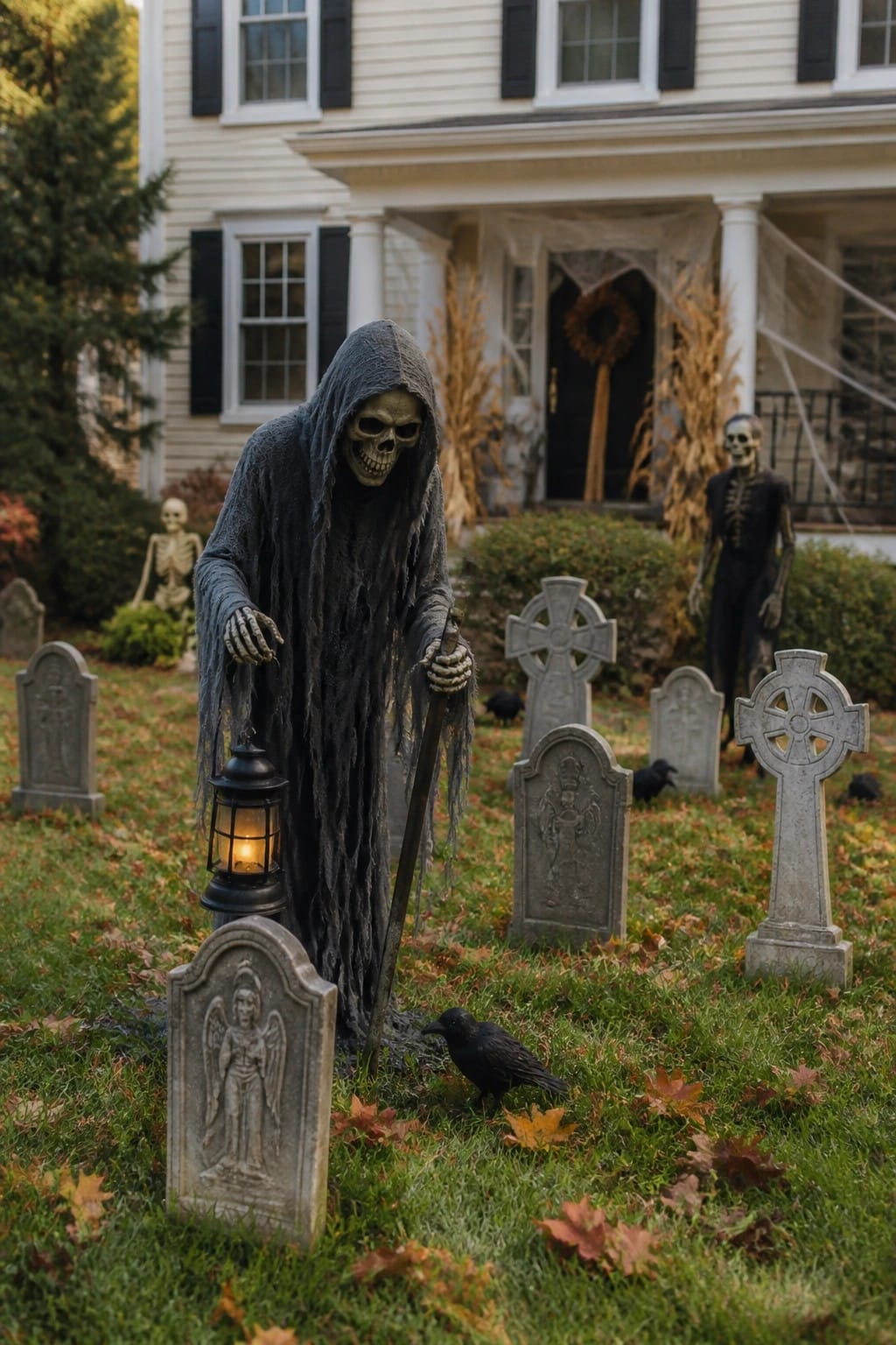 Grim reaper skeleton in tattered robe with lantern and staff amid gravestones, crows, and autumn leaves.