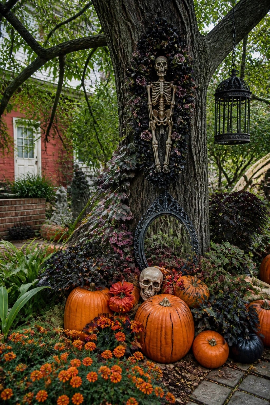 Skeleton on tree with pumpkins, skull, flowers, black birdcage, and ornate frame.
