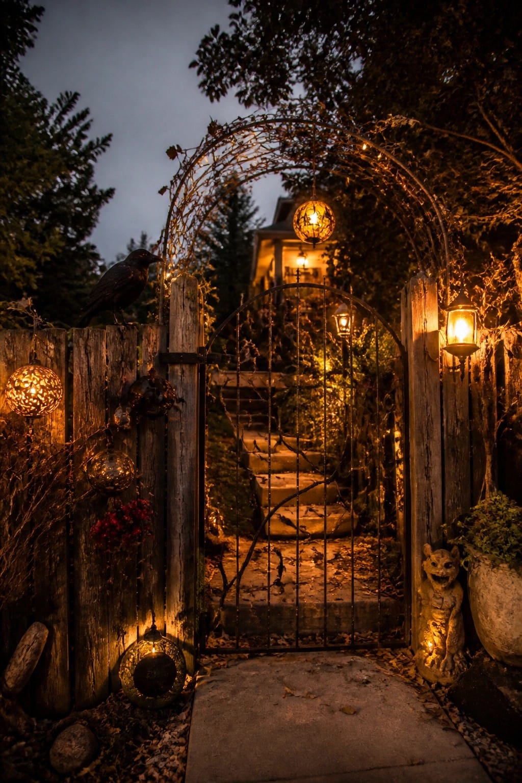 Wooden gate at night with a black crow on the post, glowing spherical lanterns, string lights on the arch, and a stone gargoyle statue.