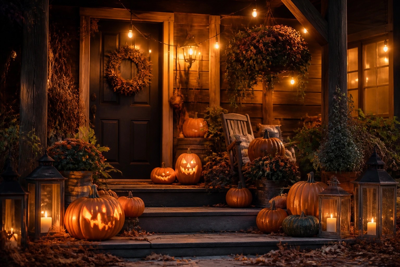 Stone porch steps lined with pumpkins of various sizes and black lanterns with lit candles.