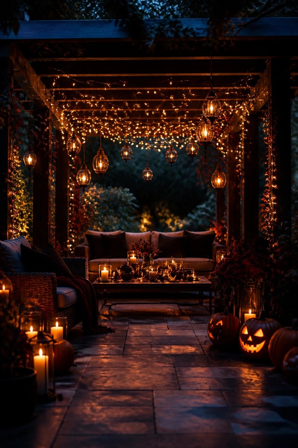 Outdoor patio at night with multiple carved jack-o'-lanterns placed on the stone floor near wicker seating and a table with candles.