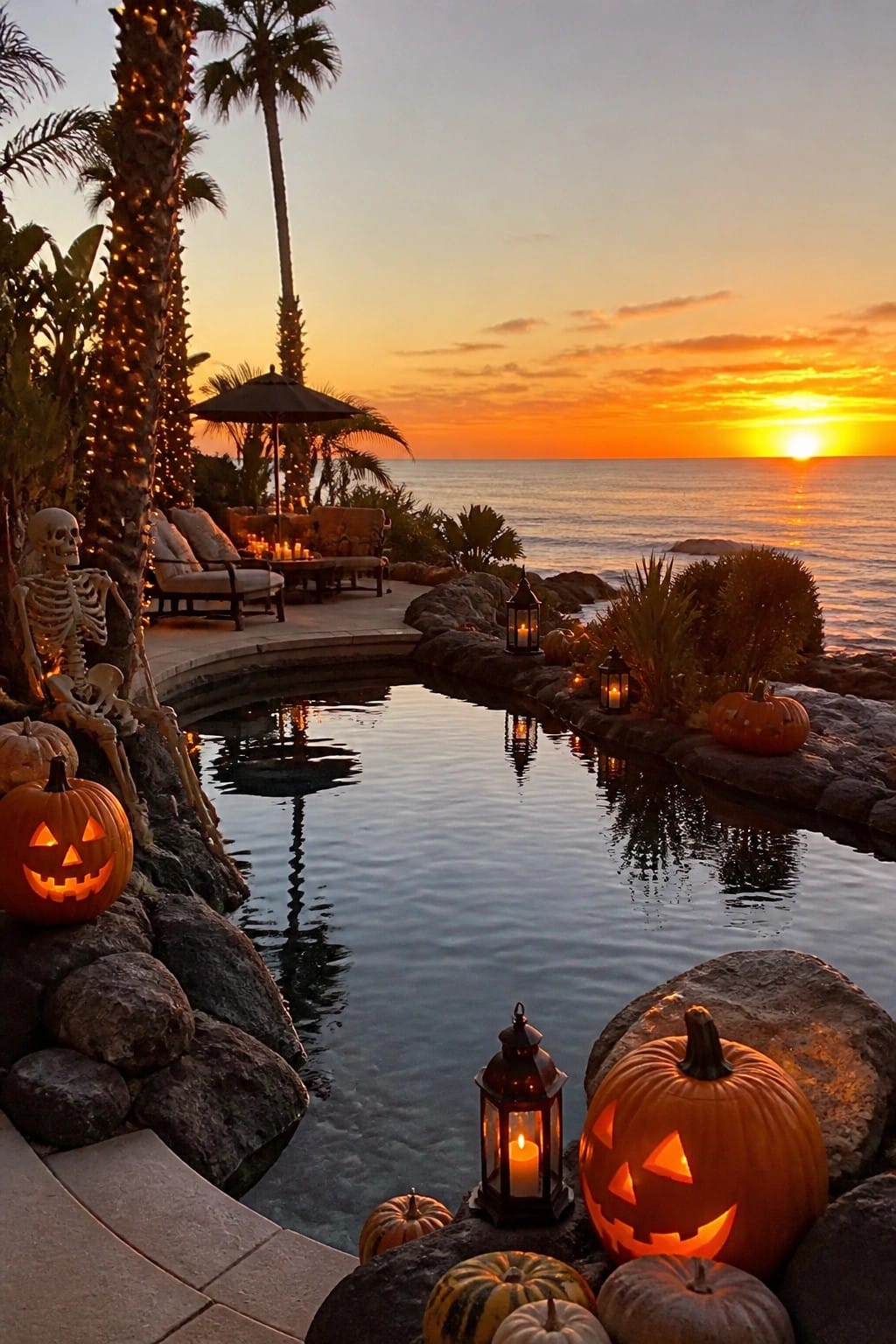 Outdoor pool lined with carved glowing jack-o'-lanterns, skeletons, and lanterns along the rocky border at sunset.