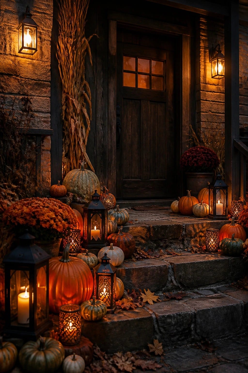 Stone porch steps lined with pumpkins of various sizes and black lanterns with lit candles.