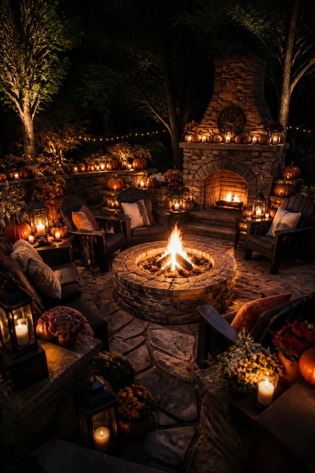 Stone fire pit and fireplace on a patio at night, surrounded by pumpkins, lanterns, and chairs on a flagstone surface.