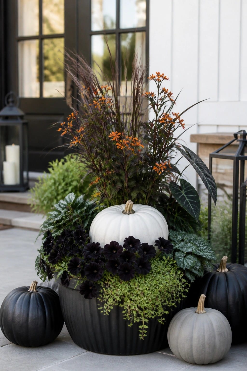 Large black planter on a porch holding a white pumpkin, dark foliage, orange flowers, and trailing greenery, with black and gray pumpkins placed around the base.