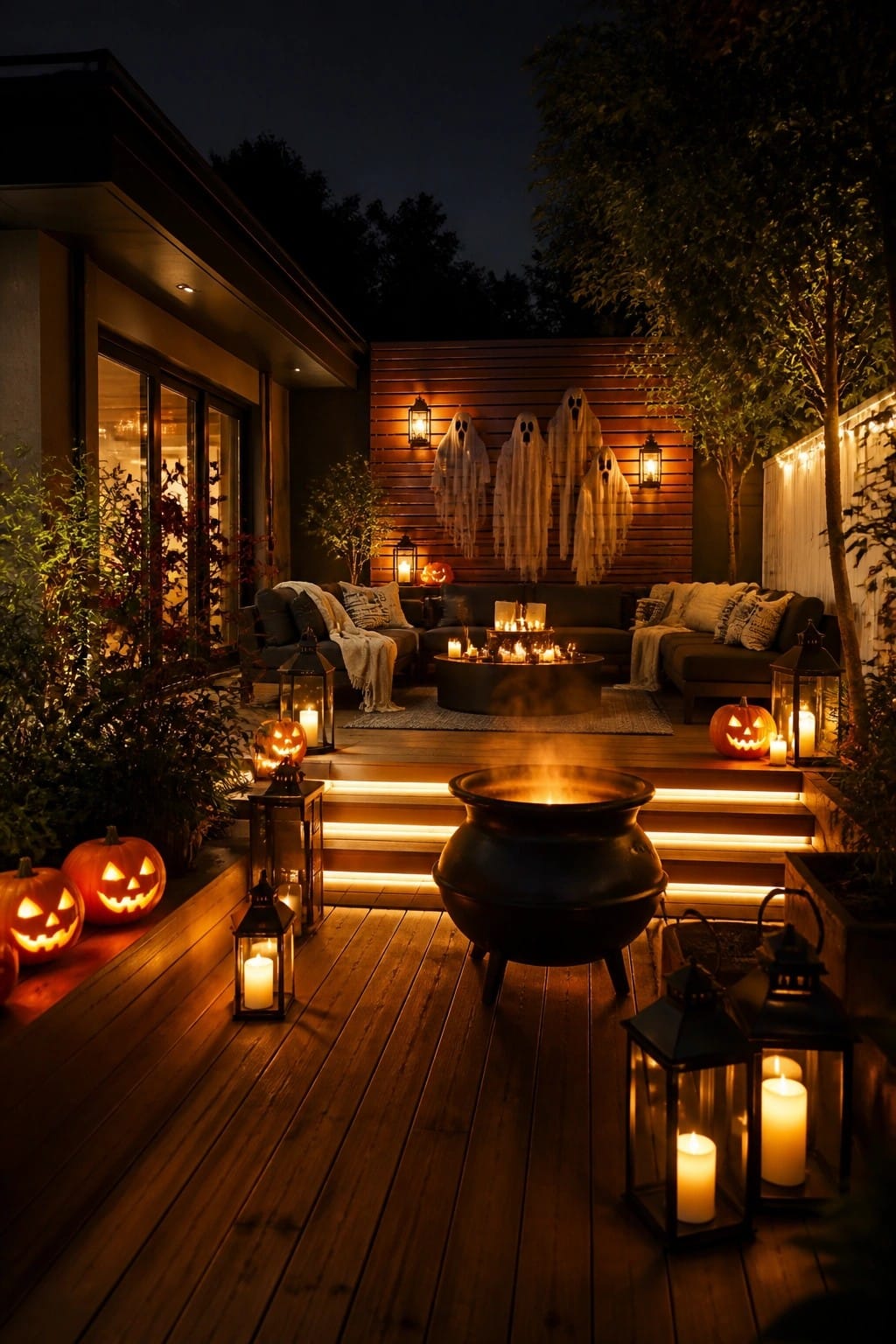 Outdoor wooden patio at night with several white fabric ghosts hanging on the back wall, carved pumpkins, and lanterns placed around the seating and steps.