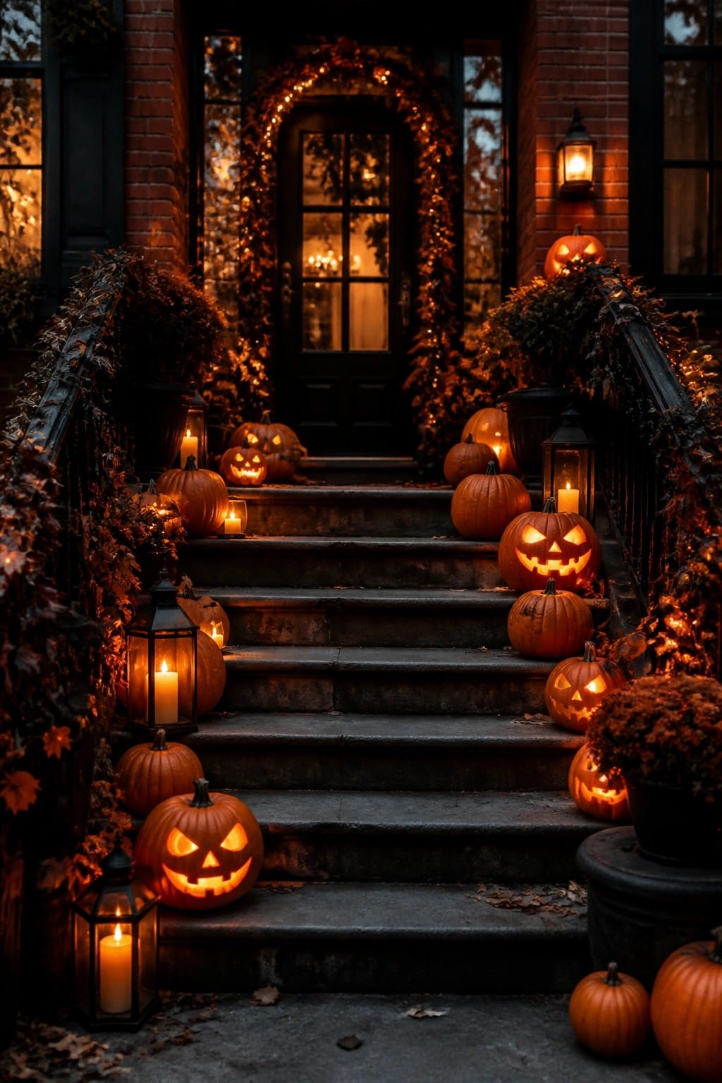 Front steps of a brick house lined with carved and lit jack o lanterns mixed with lanterns.