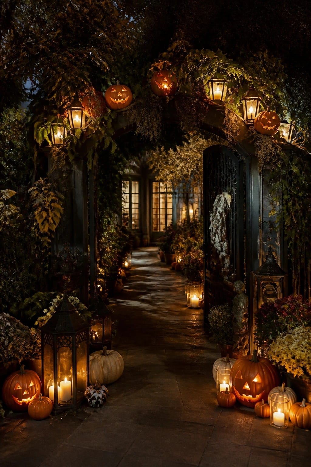 Outdoor walkway lined with carved jack o lanterns and lanterns under a leafy arch at night.