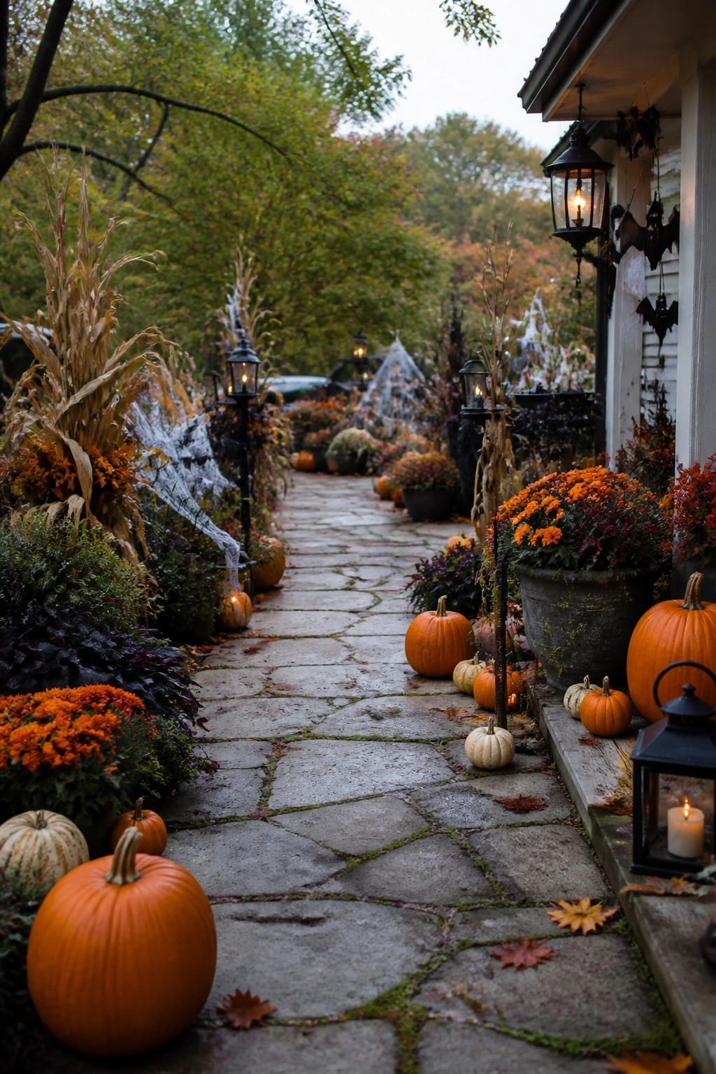 Stone path lined with pumpkins, lanterns, autumn flowers, and bat decorations.