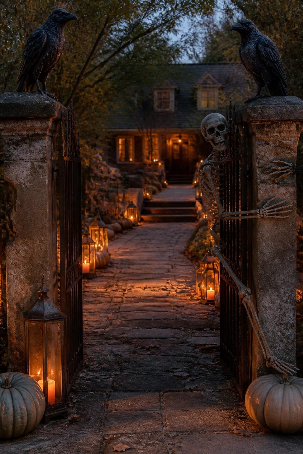 Stone pathway with lanterns and pumpkins leading to a house, featuring a skeleton figure posed on an open iron gate with black crows on the stone pillars.
