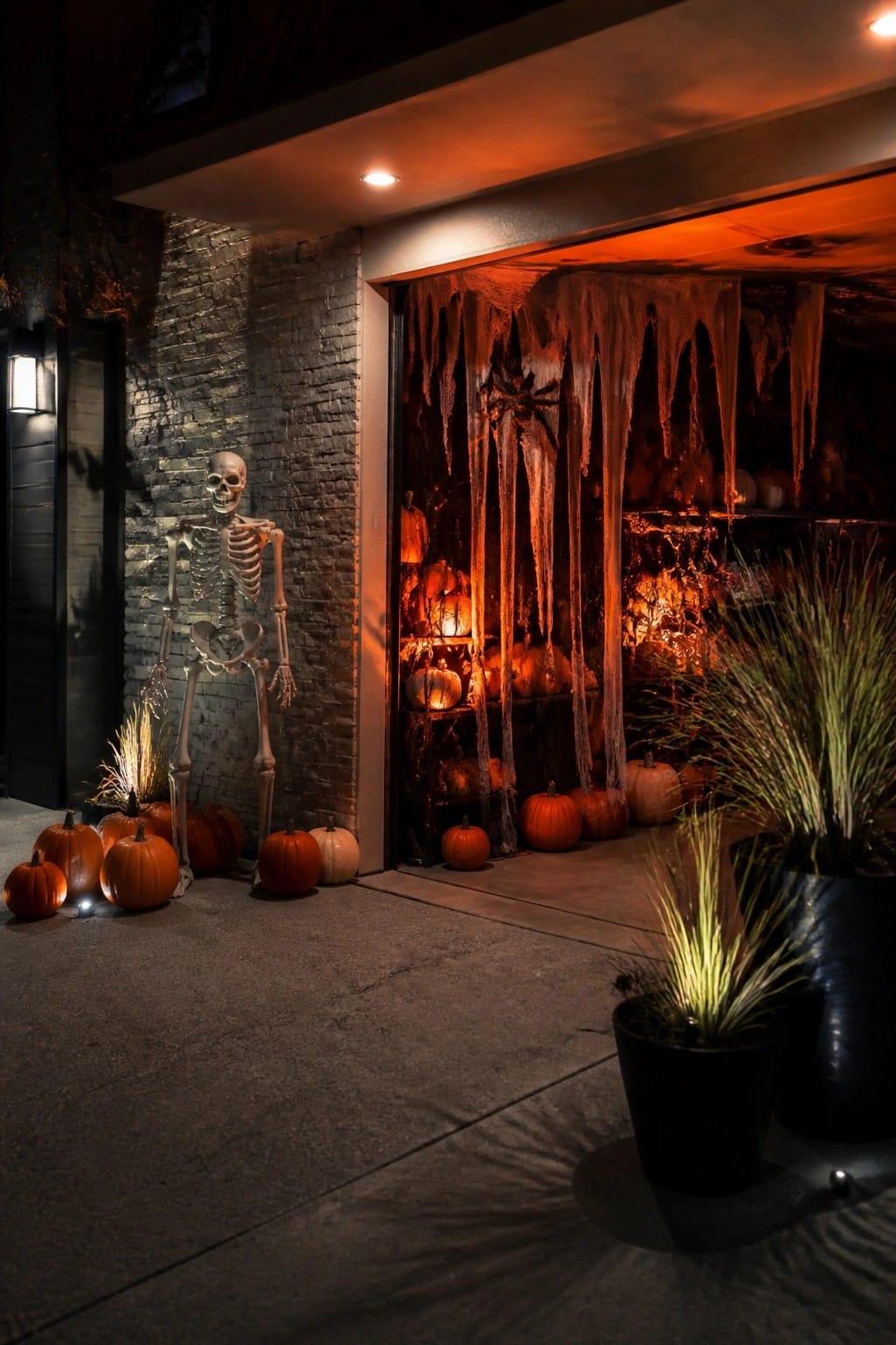 Outdoor entry with a standing skeleton and pumpkins placed beside a brick wall next to a doorway covered in fake cobwebs and spiders.