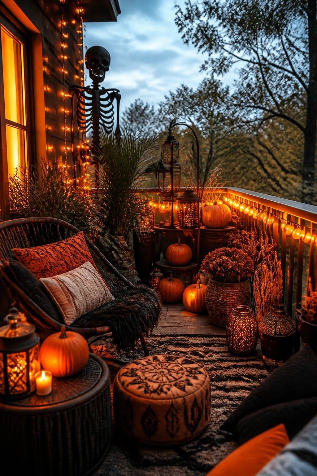 Back porch decorated with a standing skeleton, pumpkins, lanterns, and string lights along the railing.