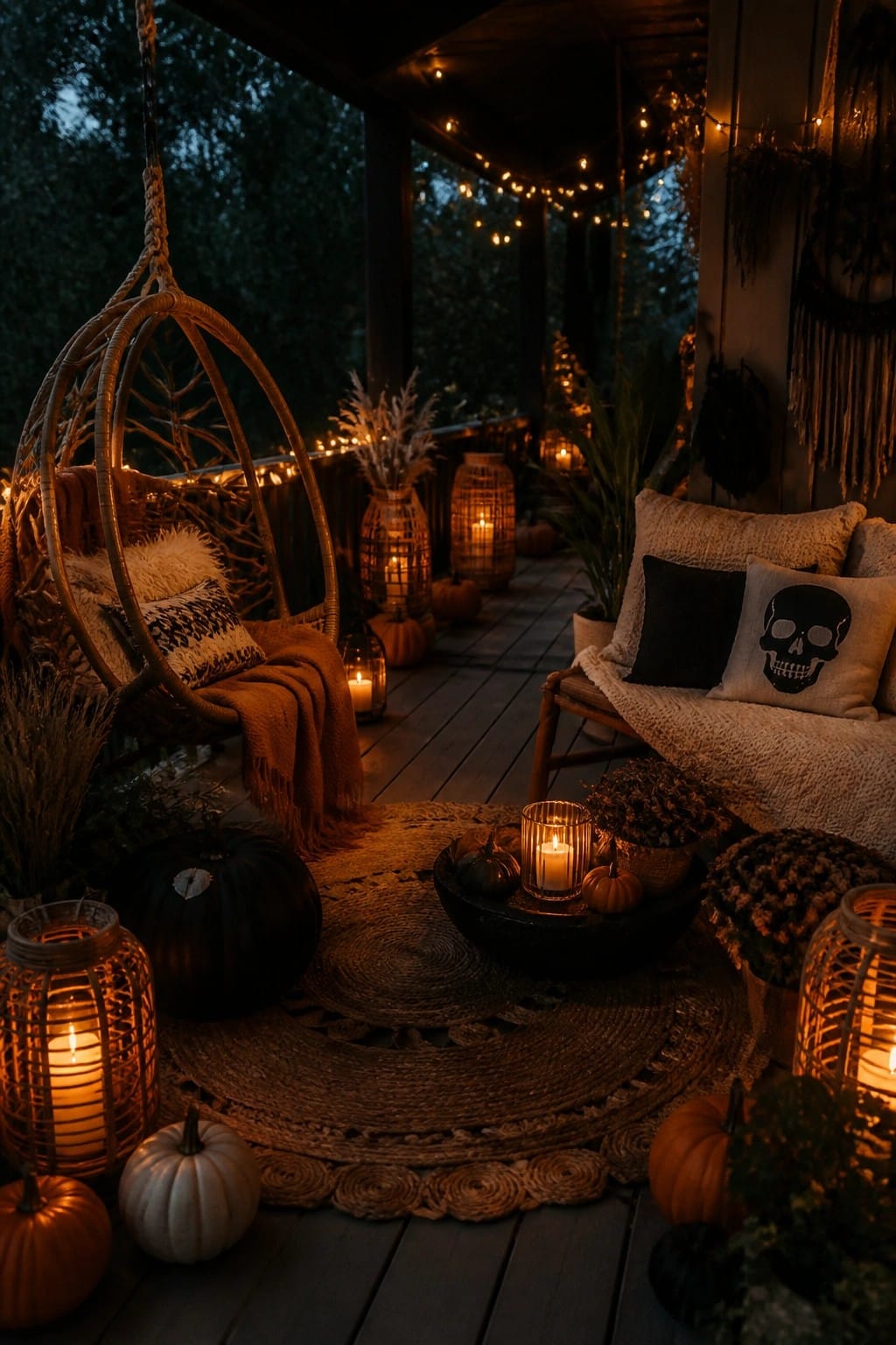 Cozy nighttime porch with hanging chair, pumpkins, string lights, lanterns, and skull pillow