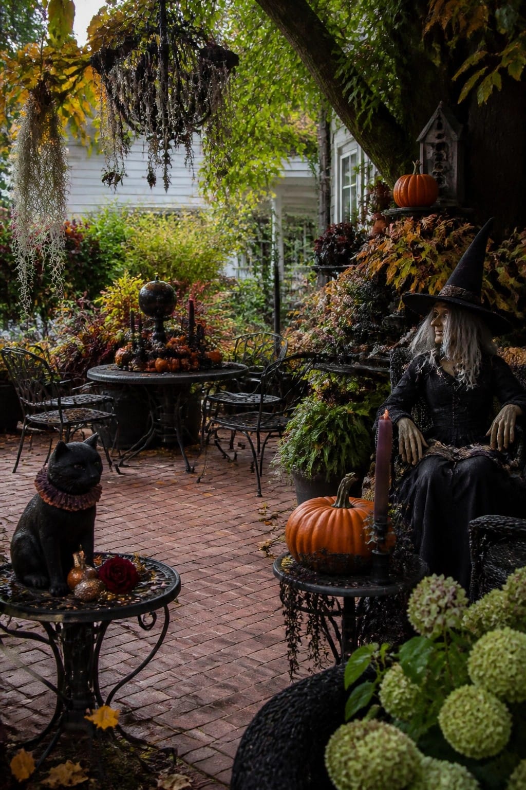 Witch in black dress with pointed hat beside pumpkins and black cat on patio.