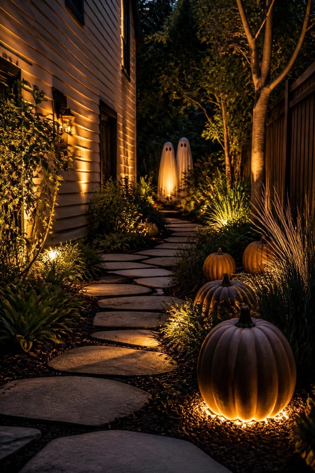 Stone walkway at night lined with glowing pumpkins and two illuminated ghost figures visible in the background.