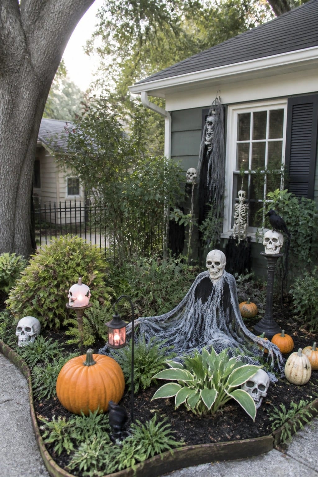 Halloween yard with draped skeleton, skulls, pumpkins, crow, and glowing lanterns.