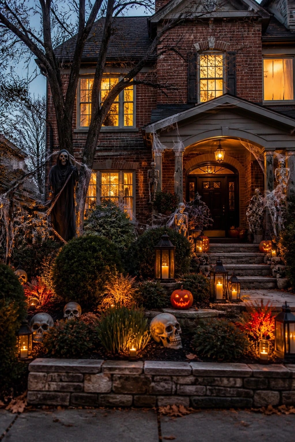 Front yard of a brick house decorated with a large grim reaper figure, multiple standing skeletons, spiderwebs, skulls, and jack-o'-lanterns for Halloween.