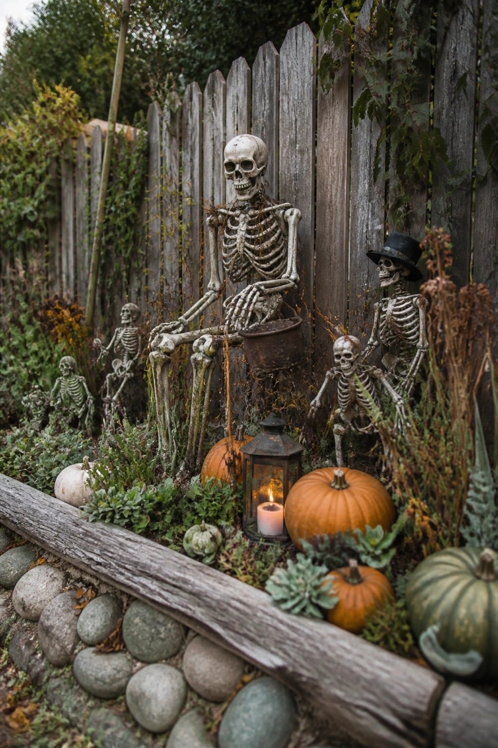 Multiple skeletons posed in a garden bed against a wooden fence with pumpkins and a lit lantern nearby.
