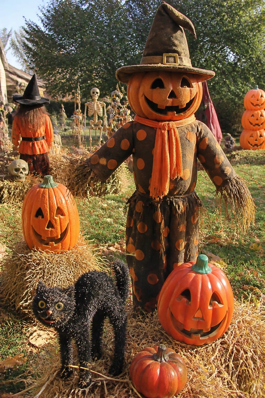 Pumpkin-headed scarecrow in witch hat and polka dots amid jack-o'-lanterns and black cat on hay.