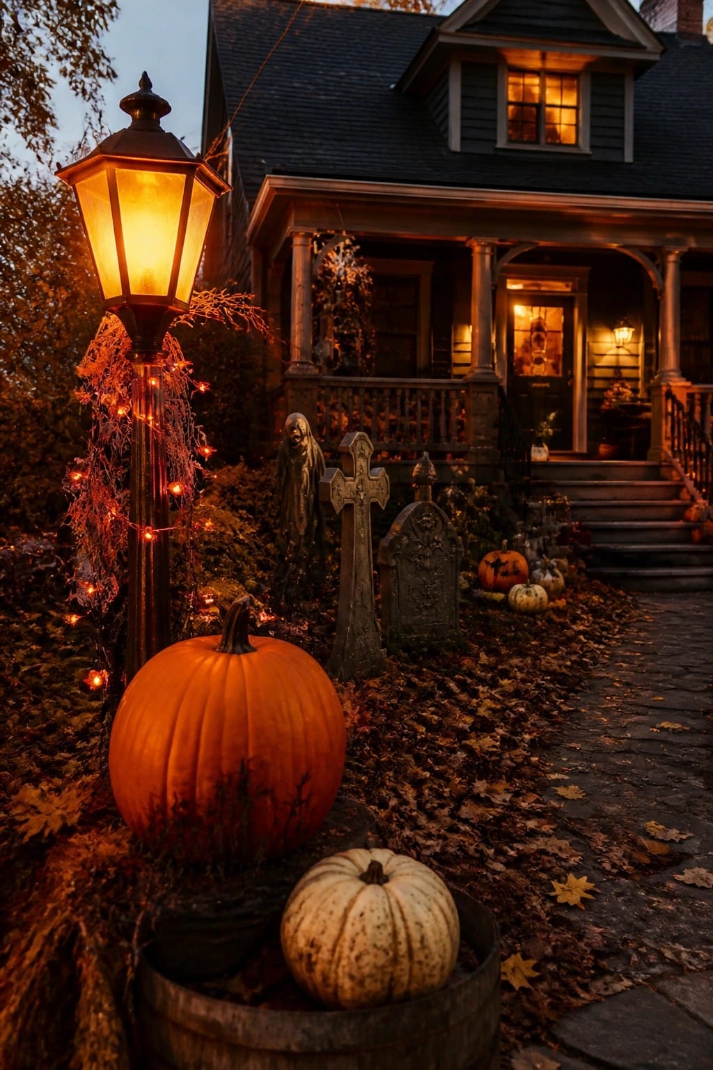 Front yard decorated with several gray tombstones, a ghost figure, and pumpkins arranged in fallen leaves beside a stone walkway leading to a house porch.