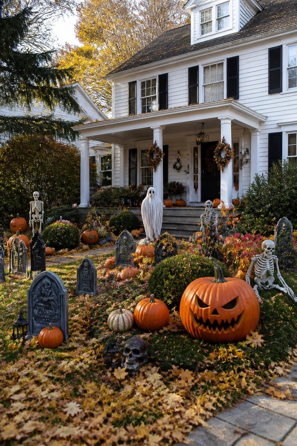 Halloween yard with carved pumpkins, skeletons, ghost, and gravestones by white house